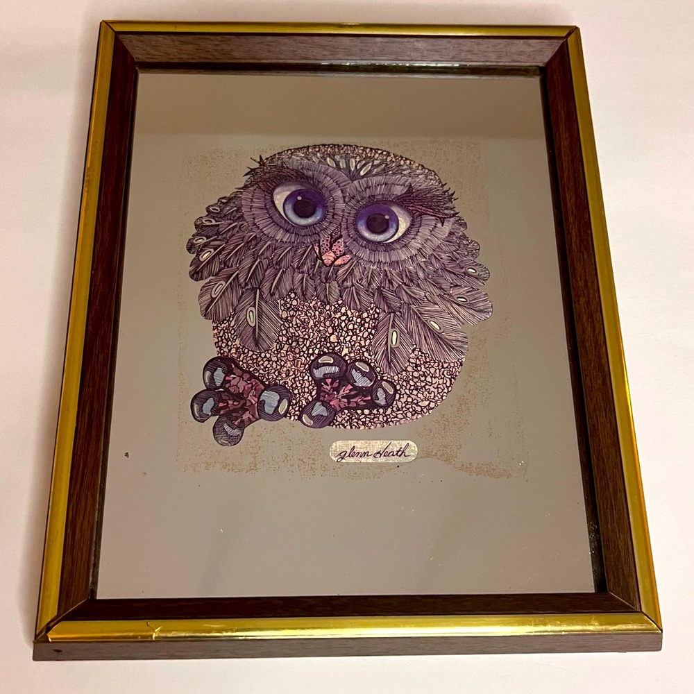 Vintage 1970s Glenn Heath Owl big Eyes Framed Mirror Art *see notes